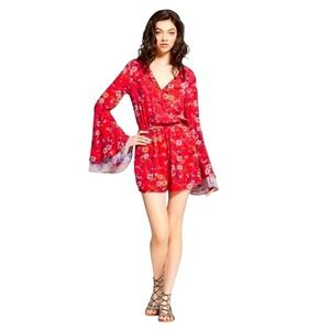 Womens Red Floral Bell Sleeve Wrap Romper Short Jumpsuit Boho Festival‎ Outfit M